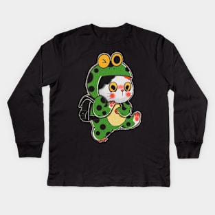 gato con pijama de rana Kids Long Sleeve T-Shirt